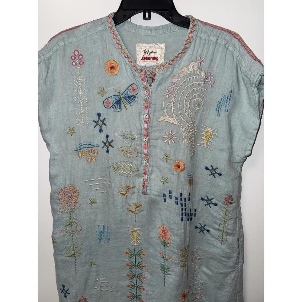 Johnny Was Biya Elektra Dress Embroidered Floral Linen Button Front Sz M Blue - Picture 2 of 11